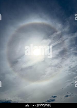 Alone solare che si verifica a causa di cristalli di ghiaccio in atmosfera. Fenomeno solare. Foto Stock