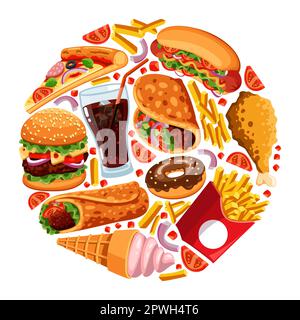 Modello circolare con set di illustrazioni vettoriali fastfood Illustrazione Vettoriale