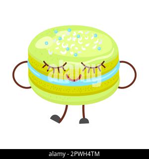 Macaroon con ripieno. Cartoon carino dessert carattere. Illustrazione vettoriale del cibo dolce con la faccia di kawaii isolata su bianco. Panetteria Illustrazione Vettoriale