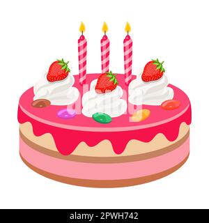 Torta di compleanno con fragole e crema con candele cartone animato illustrazione vettoriale. Deliziosa torta al cioccolato o torta isolata su sfondo bianco Illustrazione Vettoriale