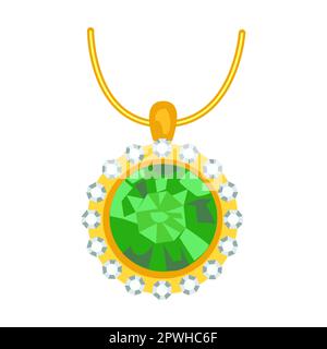 Pendente con grande smeraldo. Gioielleria in oro cartoon. Illustrazione vettoriale di accessori dorati con pietre preziose o perle isolate su bianco Illustrazione Vettoriale