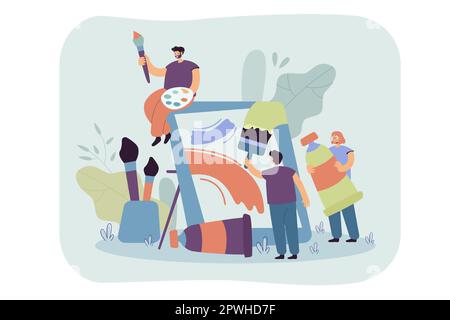 Piccoli artisti che creano opere d'arte insieme a illustrazioni vettoriali piatte Illustrazione Vettoriale