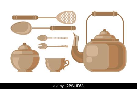 Set di illustrazioni vettoriali utensili in rame vintage Illustrazione Vettoriale