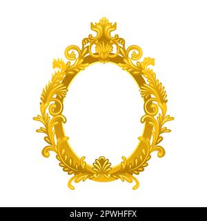 Illustrazione cartoon con cornice a specchio ovale in oro. Antico rococò ornato o retro cornice vuota per dipinti, immagini o foto Illustrazione Vettoriale