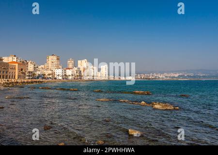 Scogliera rocciosa del mare mediterraneo e gli edifici sul corso della penisola di Tiro, Tiro (Sour, sur), Libano, Medio Oriente, Asia Foto Stock