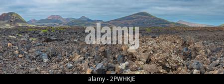 Campo di lava coperto di licheni, Parque Natural de Los Volcanes, vicino a Masdache, Lanzarote, Isole Canarie, Spagna Foto Stock