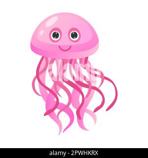 Illustrazione vettoriale rosa trasparente di meduse, oceano o creatura mare. Simpatico animale subacqueo divertente per bambini isolato su sfondo bianco Illustrazione Vettoriale