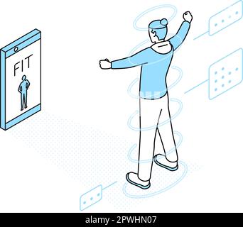Immagine di DX, un uomo che utilizza un'app per misurare le sue dimensioni del corpo con la funzione fotocamera del suo smartphone, Vector Illustration Illustrazione Vettoriale