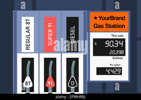 Prezzo del gas alla pompa carburante. Distributore di benzina generico negli Stati Uniti. Prezzo americano del gas. Illustrazione Vettoriale