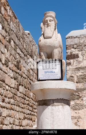 Sphinx con barba e ali su colonna, Museo di Archeologia subacquea, Fort St Pietro, Castello dei Cavalieri di San John, Fortezza di Bodrum, Mugla Foto Stock