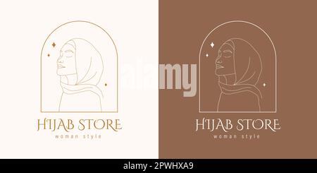 Negozio hijab. Modello logo. Boutique Headdress musulmana. Ritratto femminile lineare ad occhi chiusi. Illustrazione vettoriale in uno stile di linea Illustrazione Vettoriale