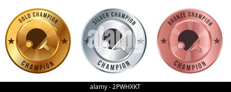 Emblema del vincitore del torneo di ping pong tennis tavolo match medaglia d'oro argento e bronzo sport Illustrazione Vettoriale