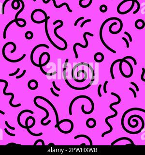 Modello Doodle 90s senza cuciture su sfondo rosa con scovoli per bambini. Illustrazione retro vettoriale piatta Illustrazione Vettoriale