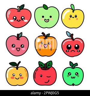 Grazioso set di mele kawaii. Divertenti icone vettoriali frutti. Illustrazione Vettoriale
