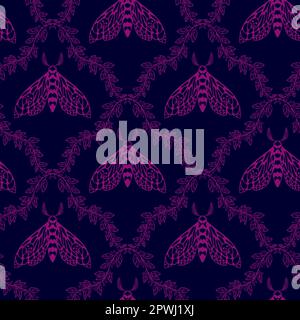 Modello con farfalla notturna e foglie. Illustrazione Vettoriale