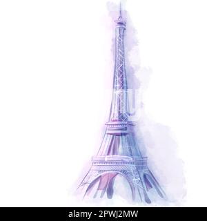 Illustrazione a colori della Torre Eiffel. Viaggio a Parigi poster, biglietto d'auguri, stampa con calligrafia disegnata a mano. Francia simbolo famoso isol Foto Stock