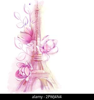 Bagno Eiffel disegno acquerello con fiori magnolia. Illustrazione del colore dell'acqua della molla. Fiori e Parigi. Foto Stock