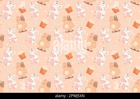 Dolce senza cuciture pattern.cute orsacchiotto, cupcake, unicorn.Kawaii sfondo per la stampa, panetteria, imballaggio Illustrazione Vettoriale