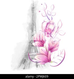 Acquerello Torre Eiffel a Parigi in primavera in stile romantico e vintage con magnolie. Turismo, attrazioni turistiche e l'architettura della Francia, clipart per il design o Foto Stock