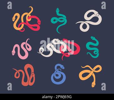 Set di elementi grafici di graziosi serpenti colorati ritorti. Serpenti multicolore su sfondo scuro. Illustrazione vettoriale per la progettazione. Illustrazione Vettoriale