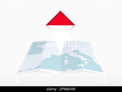 Monaco è raffigurato su una mappa su carta piegata e segnaposto con bandiera di Monaco. Mappa vettoriale piegata. Illustrazione Vettoriale