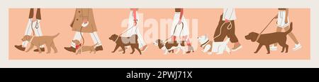 Un uomo cammina un cane su un guinzaglio. Varie razze di cani per una passeggiata. Spettacolo di cani o passeggiate in città o nel parco. Grande set di vettori multicolore Illustrazione Vettoriale