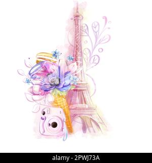 Acquerello Torre Eiffel, Parigi con fotocamera istantanea e macaroon. Viaggio in Francia, clipart. Per la progettazione di cartoline, inviti. Foto Stock