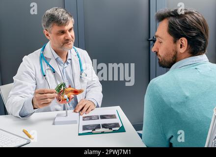 Trattamento delle malattie della colelitiasi e della cistifellea. Medico gastroenterologo che mostra la cistifellea sul modello pancreas anatomico per pazienti maschi duri Foto Stock