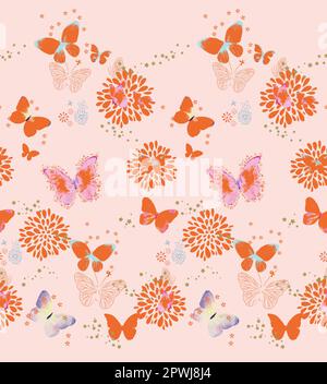 Motivo a farfalla e fiori per l'utilizzo di tessuti per il design grafico Illustrazione Vettoriale