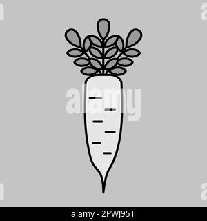 Radish daikon giapponese con icona a forma di scala di grigi vettoriale isolata a foglia. Cartello vegetale. Simbolo grafico per il sito Web di cibi e bevande, progettazione di app, app mobili A. Illustrazione Vettoriale