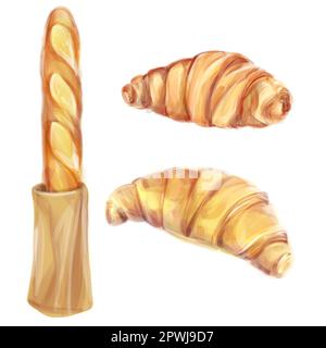 Illustrazione acquerello. Panetteria, pasticceria, baguette francese e croissant, set da disegno. Foto Stock