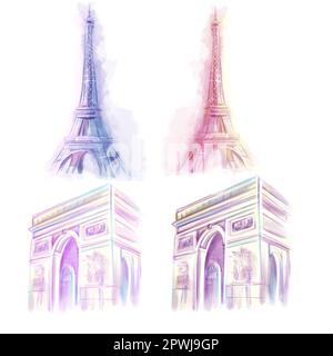 Illustrazione acquerello. Attrazioni e architettura di Parigi. Torre Eiffel e Arco di Trionfo in stile romantico, insieme di disegni, clipart. Foto Stock