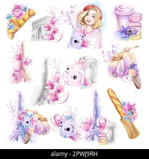 Una serie di illustrazioni in stile acquerello: Viaggiare in Francia. Luoghi di interesse in romantico stile floreale primaverile. Colazione francese, foto, magnolie. Foto Stock