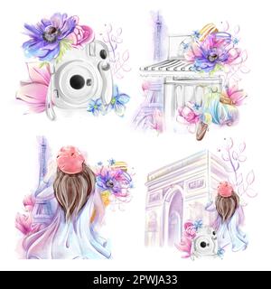 Clipart acquerello. Una serie di illustrazioni sul tema del viaggio in Francia. Architettura, negozio di fiori, panetteria, ragazza, fotocamera istantanea, foto, momenti. Foto Stock