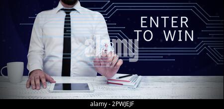 Esposizione concettuale partecipa alla vittoria, vetrina aziendale scambiando qualcosa di valore per un premio o per la possibilità di vincere Foto Stock