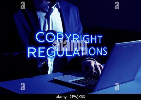 Segno di testo che mostra il Copyright Regulations, corpo di legge di idea di affari che governa le opere originali di authorship Foto Stock
