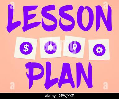 Cartello che mostra il piano della lezione, il Business mostra la descrizione dettagliata del corso di istruzione da parte di un insegnante Foto Stock