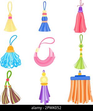 set di funi per tassel cartone animato. frangia rifilata, corda in tessuto, spazzola d'oro, cartello con la corda della tenda. illustrazione del vettore dei simboli isolati Illustrazione Vettoriale