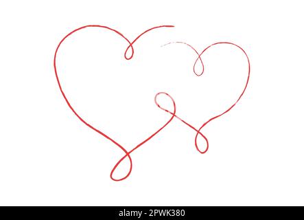 Linee sottili rosse due cuori d'amore su sfondo bianco - illustrazione vettoriale Foto Stock