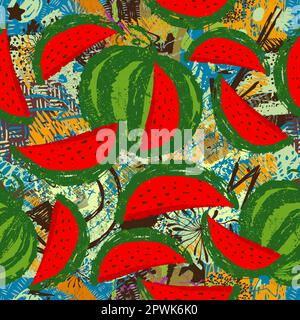 Motivo vettoriale fruttato senza cuciture con pittura acquerello pezzi di cocomero testurizzati. Sfondo a righe. Illustrazione Vettoriale