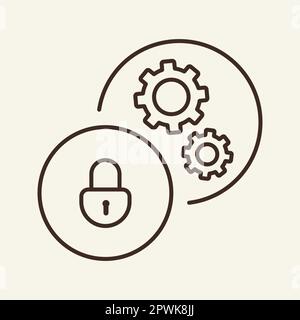 Lucchetto chiuso e ruote dentate con icona a linee circolari Illustrazione Vettoriale