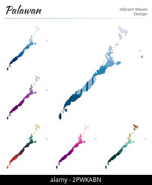 Set di mappe vettoriali di Palawan. Design a onde vibranti. Mappa luminosa dell'isola in stile geometrico con curve lisce. Mappa Palawan multicolore per il tuo progetto. Illustrazione Vettoriale