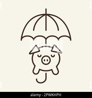 Piggy bank sotto l'icona della linea ombrello Illustrazione Vettoriale