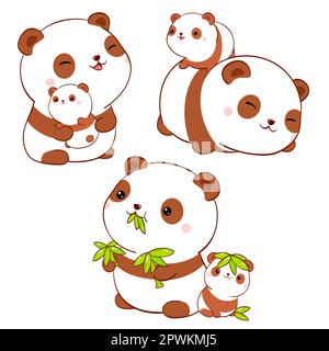 Set di carino grasso panda kawaii stile. Collezione di bella mamma e panda bambino in diverse pose. Può essere utilizzato per la stampa di t-shirt, adesivi, auto di benvenuto Foto Stock