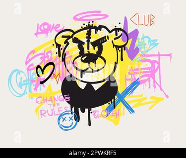Slogan tipografico urbano cambiare le regole e bambola orso con effetto spray. Stampa graffiti Street art groovy con cuori per t-shirt o felpa. Grafica astratta Unisex design underground Illustrazione Vettoriale