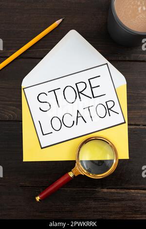 Didascalia concettuale Store Locator, concetto che significa conoscere il numero di contatto dell'indirizzo e le ore di funzionamento Foto Stock