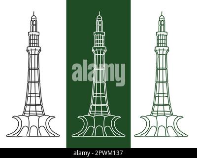 23rd marzo celebrazione del giorno del Pakistan illustrazione vettoriale - Torre vettoriale del Pakistan silhouette del monumento set Minar e Pakistan Illustrazione Vettoriale