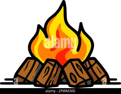 Cartello fuoco o icona con fuoco giallo e tronchi di legno. Emblema per falò da campeggio con contorno. Illustrazione Vettoriale