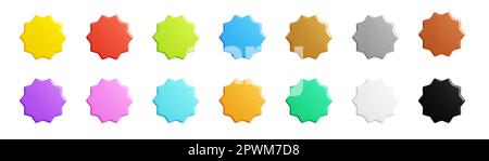 Starburst sticker 3D set di rendering - collezione di stemmi tondi a forma di stella o di sole per promo. Foto Stock