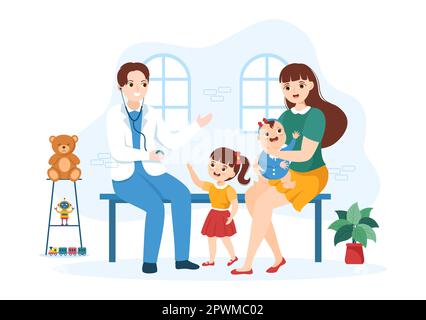 Pediatra esamina i bambini malati e il bambino per lo sviluppo medico, la vaccinazione e il trattamento in Cartoon piano modelli disegnati a mano Illustrazione Foto Stock